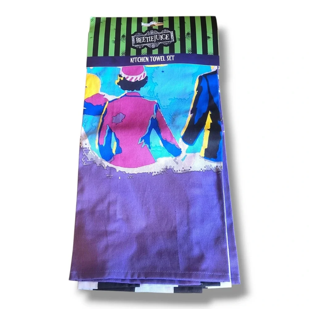 Beetlejuice Kitchen Towel Set 2 Pack NWT Handbook Recently Deceased 100% Cotton
